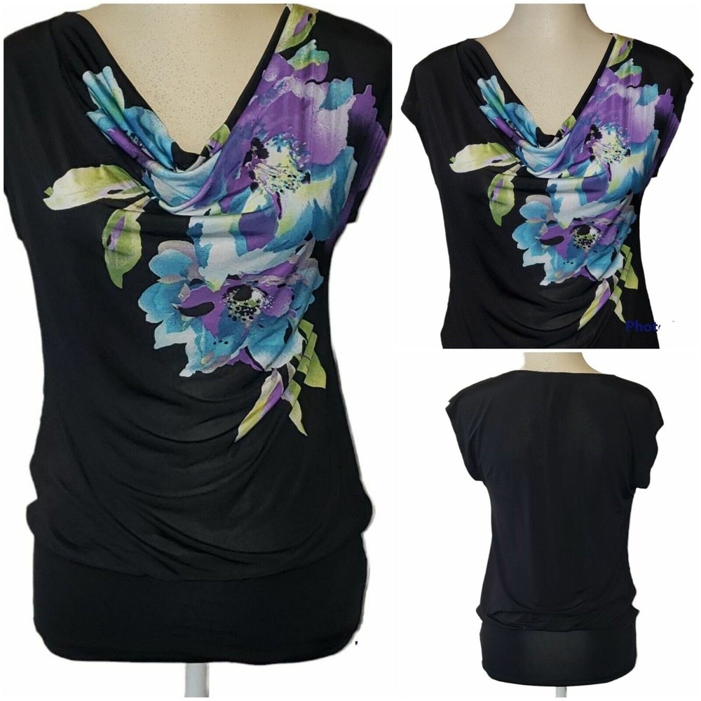 Vintage BCX Black Blue Floral Satin Cowl Neck Top Sz S Sleeveless Y2K 2000's USA